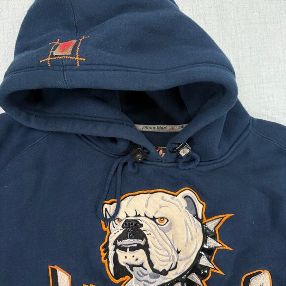 VTG Johnny Blaze Bulldog Hoodie Embroidered Graphic Navy Pullover Size XL - Picture 3 of 13